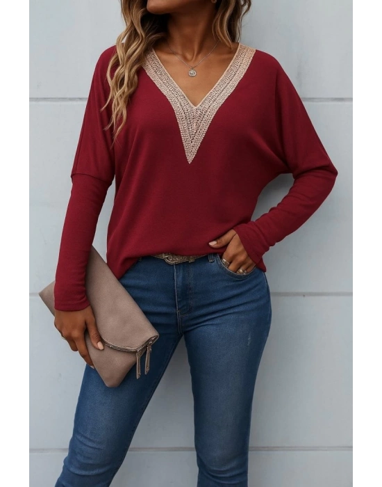 Kadın Uzun Kollu V Yakalı Yarasa Kollu Viskon Bluz