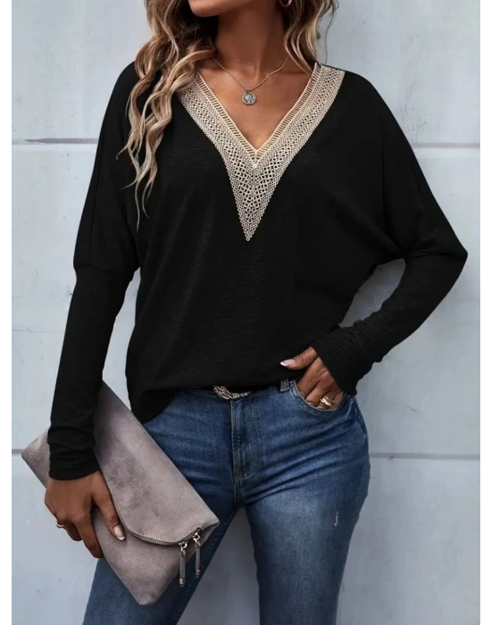 Kadın Uzun Kollu V Yakalı Yarasa Kollu Viskon Bluz