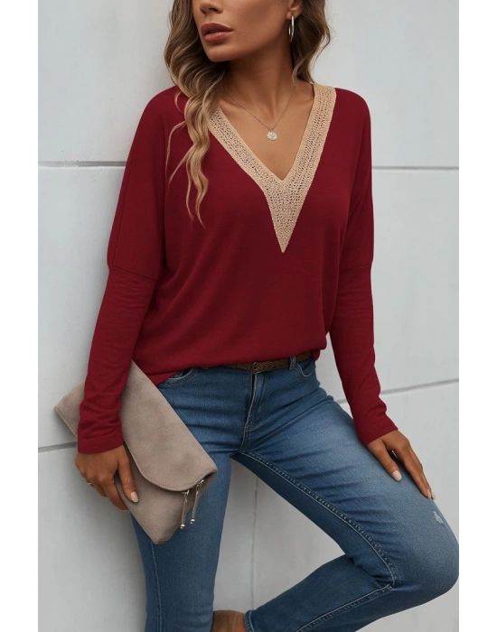 Kadın Uzun Kollu V Yakalı Yarasa Kollu Viskon Bluz