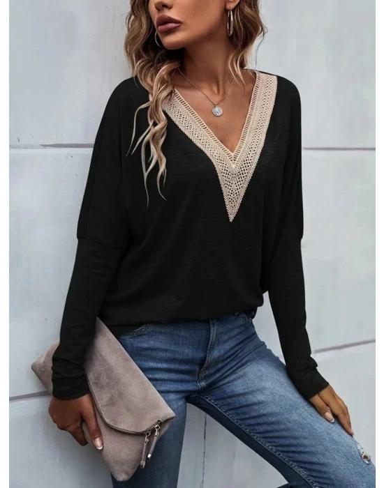 Kadın Uzun Kollu V Yakalı Yarasa Kollu Viskon Bluz