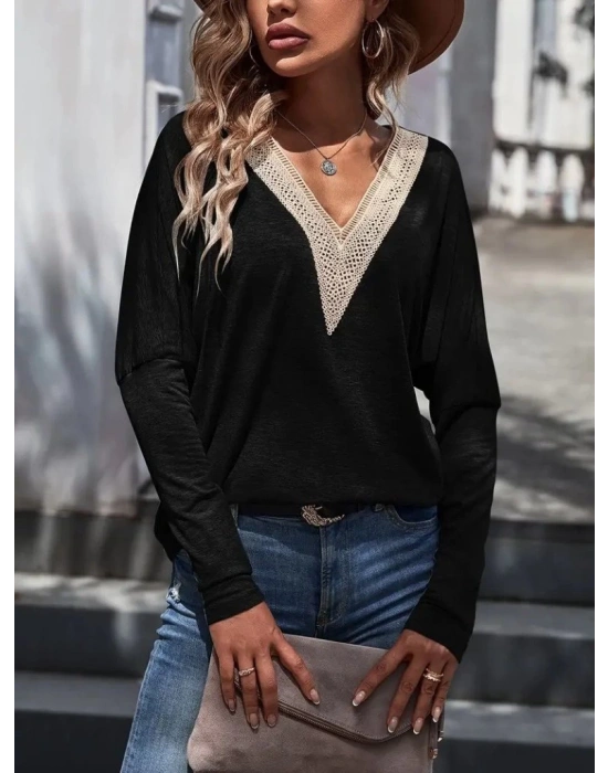 Kadın Uzun Kollu V Yakalı Yarasa Kollu Viskon Bluz