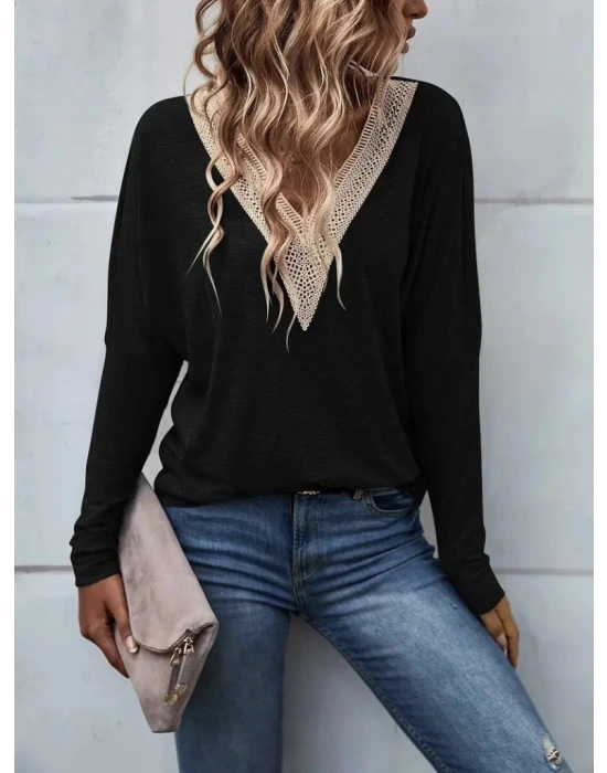 Kadın Uzun Kollu V Yakalı Yarasa Kollu Viskon Bluz