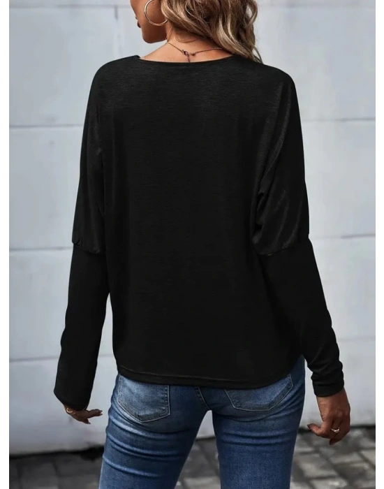 Kadın Uzun Kollu V Yakalı Yarasa Kollu Viskon Bluz