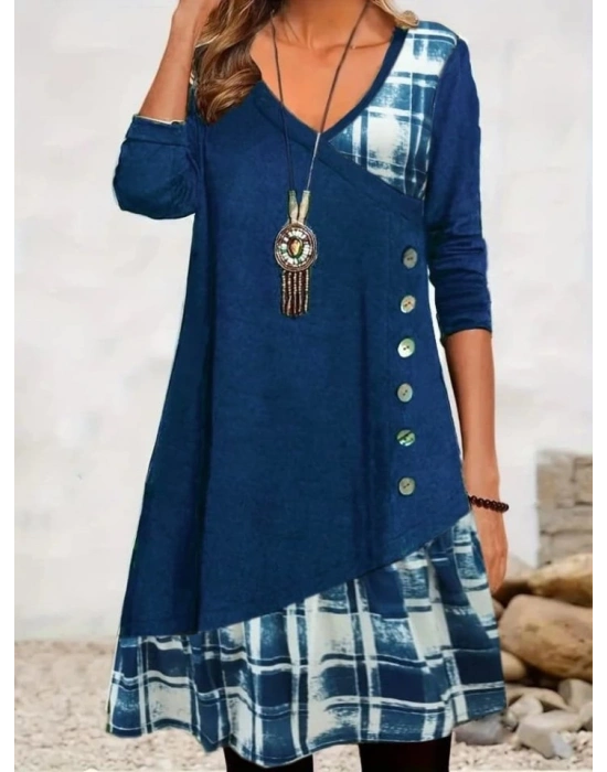 Kadın Uzun Kollu V Yakalı Yün Viskon Ve Desenli Süprem Elbise