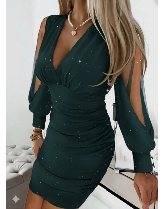 Kadın Uzun Kollu V Yakalısim Detaylı Mini Sandy Elbise
