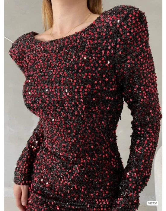 Kadın Uzun Kollu Vatka Detay Full Pul Payet Mini Elbise