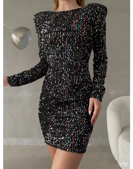 Kadın Uzun Kollu Vatka Detay Full Pul Payet Mini Elbise