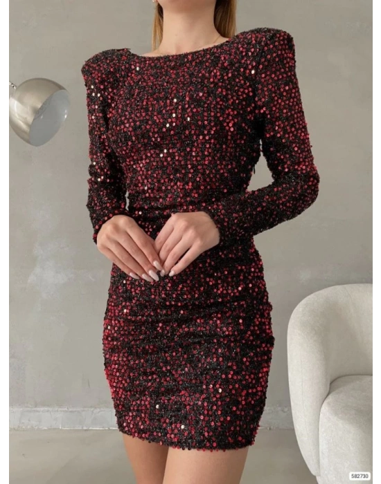 Kadın Uzun Kollu Vatka Detay Full Pul Payet Mini Elbise