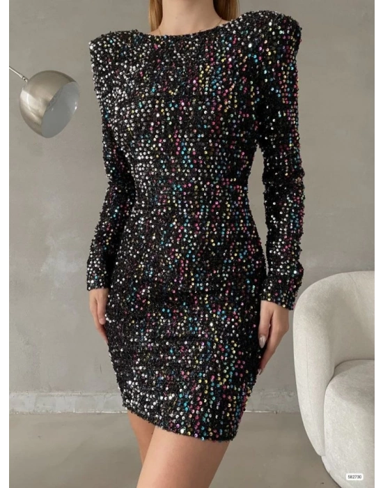 Kadın Uzun Kollu Vatka Detay Full Pul Payet Mini Elbise