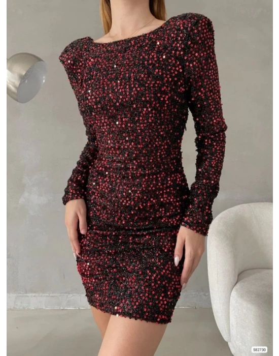 Kadın Uzun Kollu Vatka Detay Full Pul Payet Mini Elbise