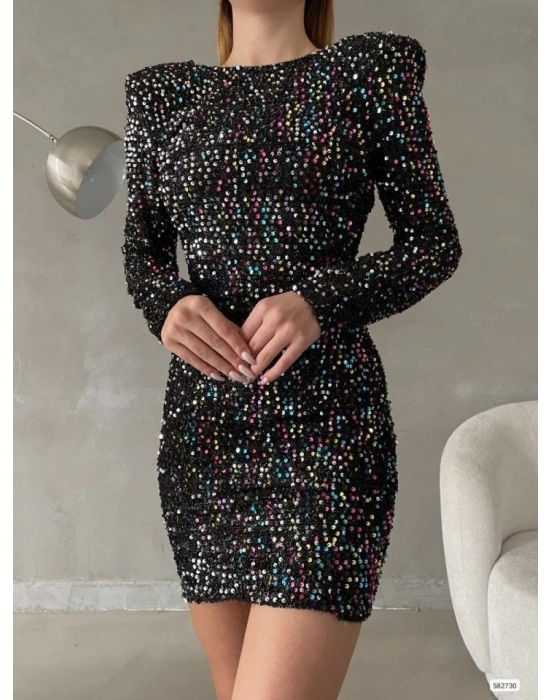 Kadın Uzun Kollu Vatka Detay Full Pul Payet Mini Elbise