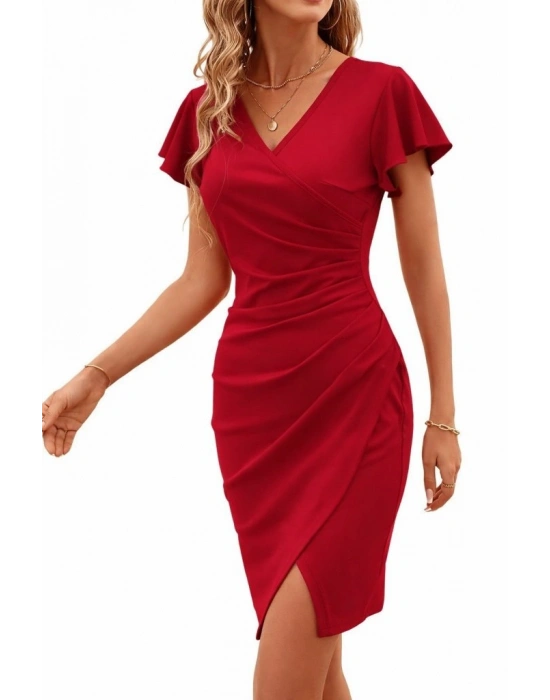 Kadın Uzun Kollu Volanlı Kruvaze Yaka Yanlardan Büzgülü Ithal Krep Elbise