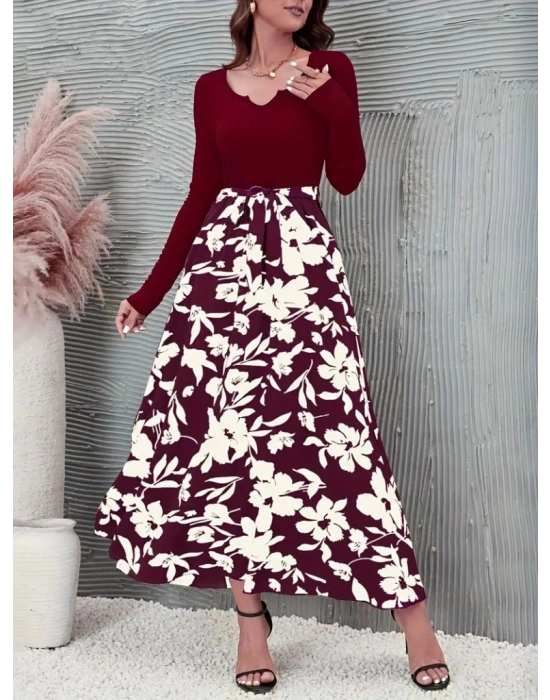 Kadın Uzun Kollu Yaka Açık üst Kaşkorse Beli Kuşaklı Alt çiçek Baskılı Dalgıç Elbise