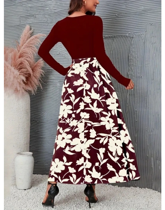 Kadın Uzun Kollu Yaka Açık üst Kaşkorse Beli Kuşaklı Alt çiçek Baskılı Dalgıç Elbise