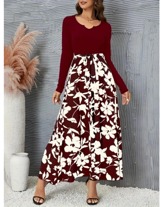 Kadın Uzun Kollu Yaka Açık üst Kaşkorse Beli Kuşaklı Alt çiçek Baskılı Dalgıç Elbise