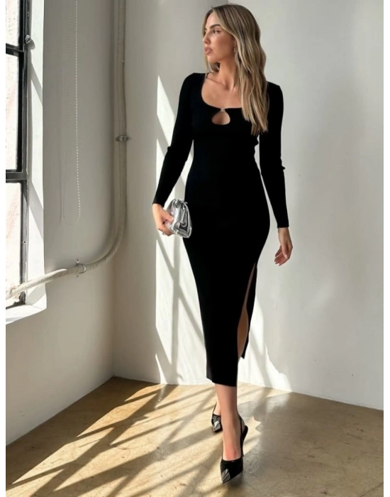 Kadın Uzun Kollu Yaka Damla Detay Mini Aksesuarlı Yırtmaç Detay Krep Elbise