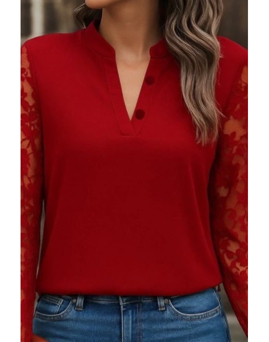Kadın Uzun Kollu Yaka Düğme Detay Güpürlü Kol Krep Bluz