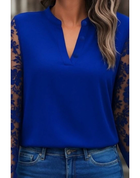 Kadın Uzun Kollu Yaka Düğme Detay Güpürlü Kol Krep Bluz