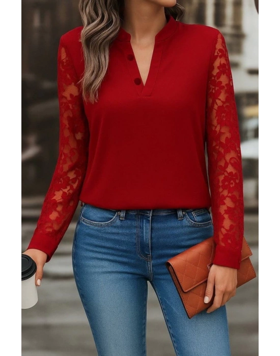 Kadın Uzun Kollu Yaka Düğme Detay Güpürlü Kol Krep Bluz