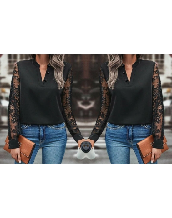 Kadın Uzun Kollu Yaka Düğme Detay Güpürlü Kol Krep Bluz