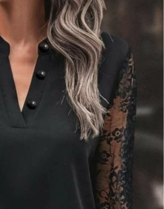 Kadın Uzun Kollu Yaka Düğme Detay Güpürlü Kol Krep Bluz