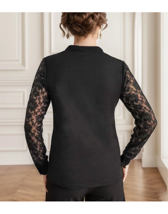 Kadın Uzun Kollu Yaka Düğme Detay Güpürlü Kol Krep Bluz