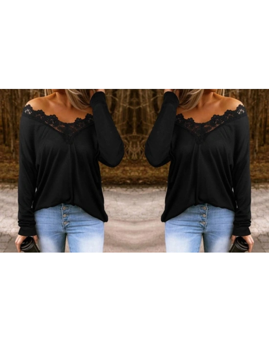 Kadın Uzun Kollu Yaka Güpür Detay Viskon Bluz