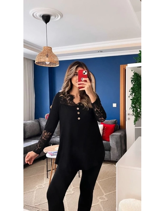 Kadın Uzun Kollu Yaka Kol Ucu Dantel Detaylı önden Düğmeli Viskon Bluz