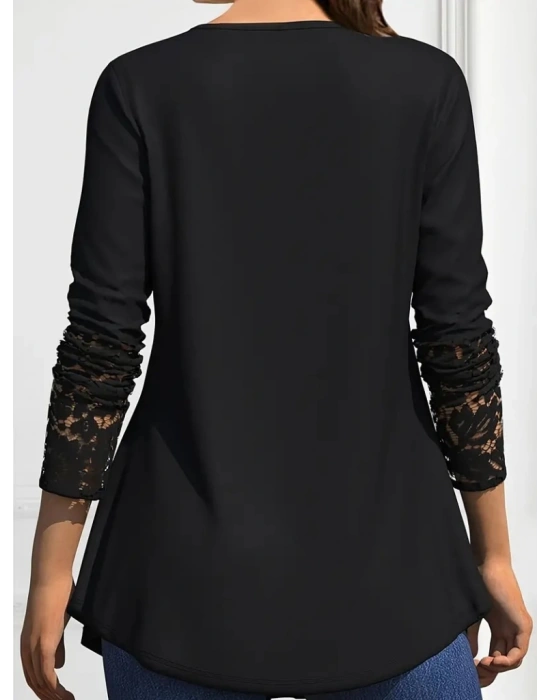 Kadın Uzun Kollu Yaka Kol Ucu Dantel Detaylı önden Düğmeli Viskon Bluz