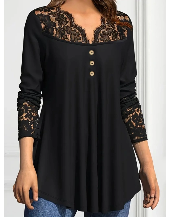 Kadın Uzun Kollu Yaka Kol Ucu Dantel Detaylı önden Düğmeli Viskon Bluz