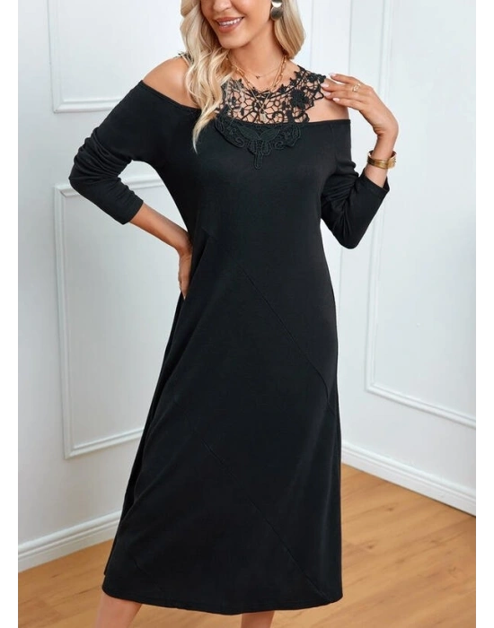 Kadın Uzun Kollu Yaka önü Güpürlü Madonna Yaka Viskon Midi Boy Elbise