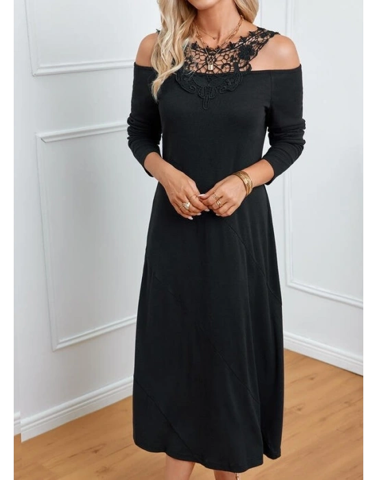 Kadın Uzun Kollu Yaka önü Güpürlü Madonna Yaka Viskon Midi Boy Elbise