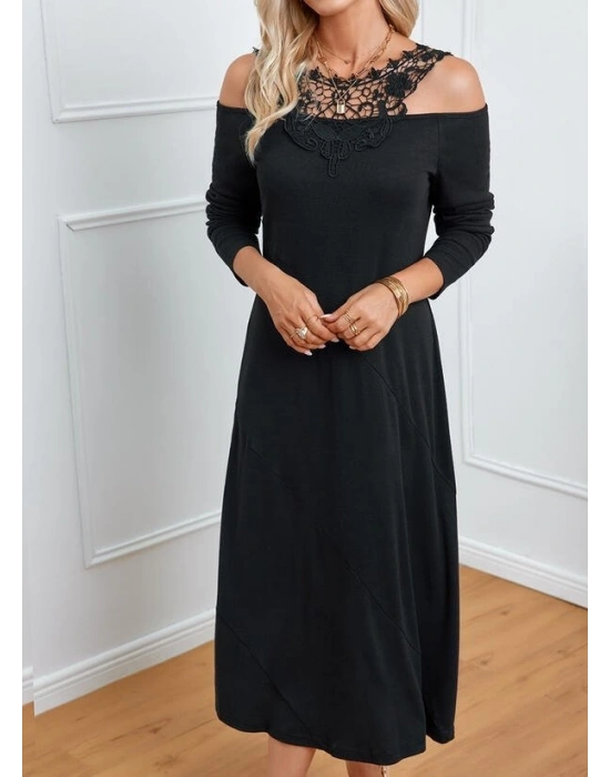 Kadın Uzun Kollu Yaka önü Güpürlü Madonna Yaka Viskon Midi Boy Elbise