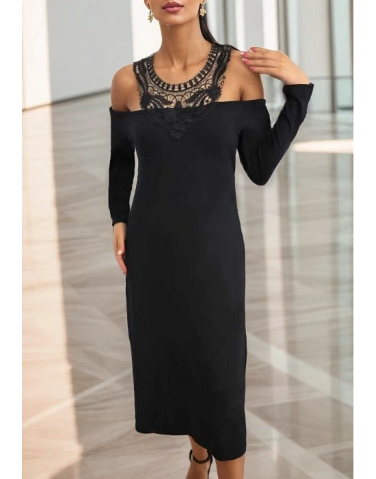 Kadın Uzun Kollu Yaka önü Güpürlü Madonna Yaka Viskon Midi Boy Elbise