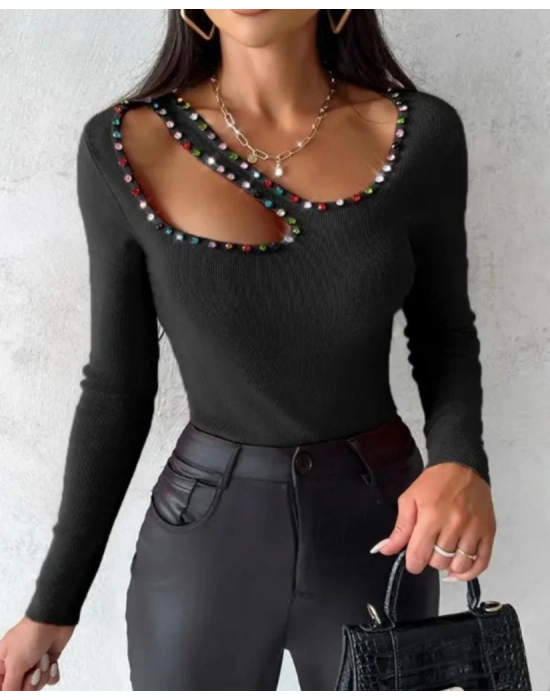 Kadın Uzun Kollu Yaka Taş Ve Dekolte Detay Kaşkorse Bluz