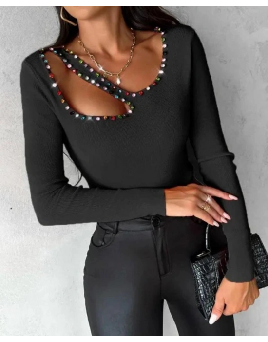 Kadın Uzun Kollu Yaka Taş Ve Dekolte Detay Kaşkorse Bluz