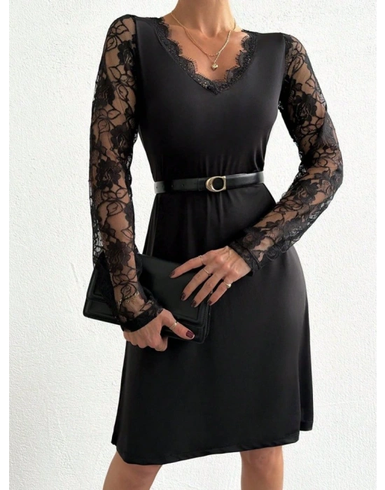 Kadın Uzun Kollu Yaka Ve Kol Dantel Detay Sandy Mini Boy Elbise