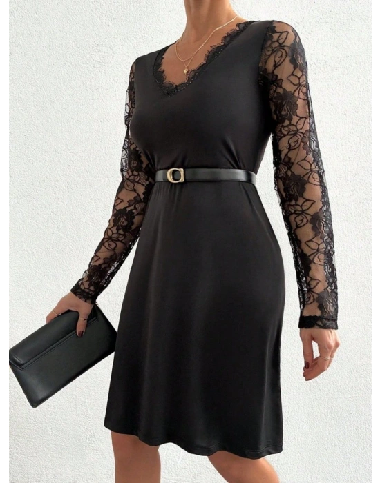 Kadın Uzun Kollu Yaka Ve Kol Dantel Detay Sandy Mini Boy Elbise