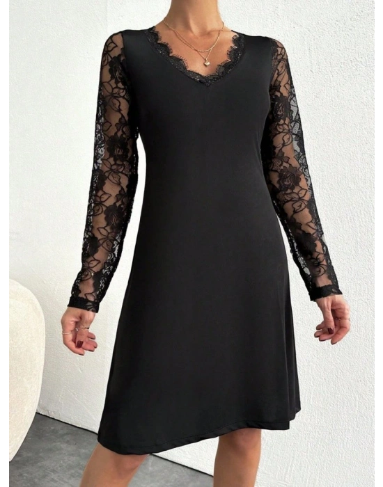 Kadın Uzun Kollu Yaka Ve Kol Dantel Detay Sandy Mini Boy Elbise