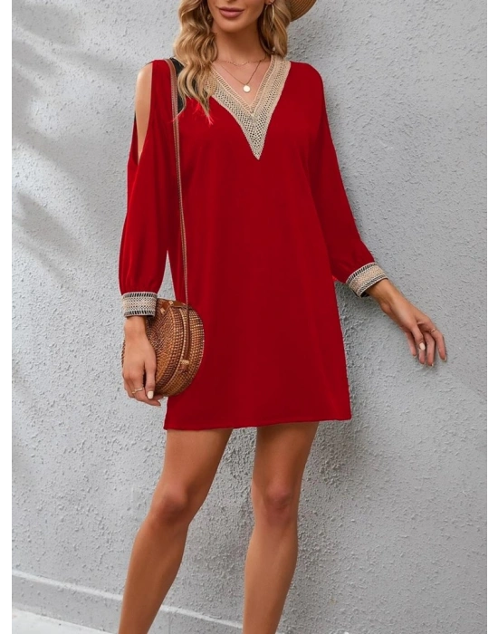 Kadın Uzun Kollu Yaka Ve Kol Manşet Güpürlü Detay Krep Mini Boy Elbise