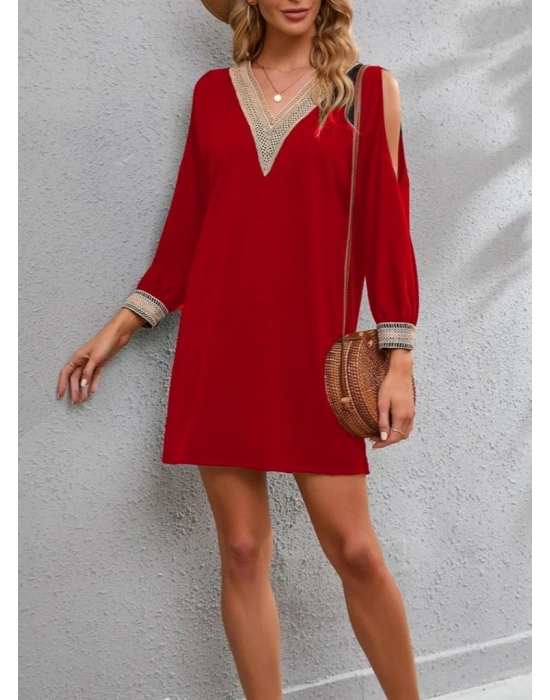 Kadın Uzun Kollu Yaka Ve Kol Manşet Güpürlü Detay Krep Mini Boy Elbise