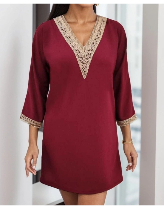 Kadın Uzun Kollu Yaka Ve Kol Manşet Güpürlü Detay Krep Mini Boy Elbise