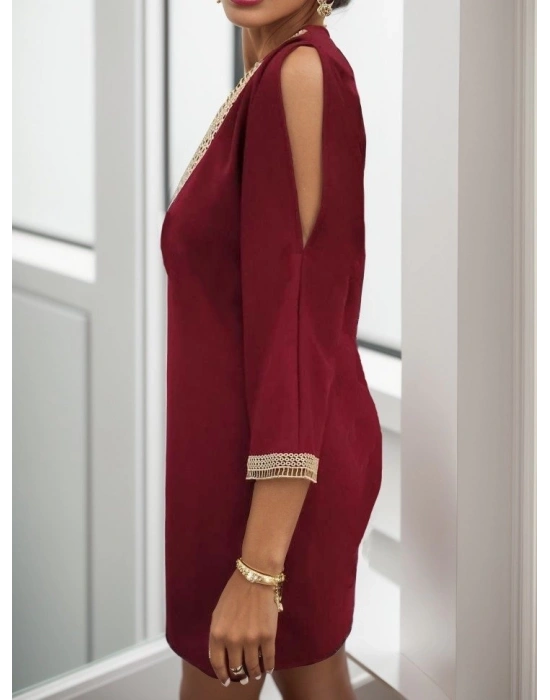 Kadın Uzun Kollu Yaka Ve Kol Manşet Güpürlü Detay Krep Mini Boy Elbise