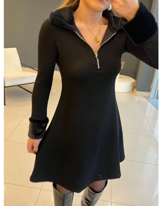 Kadın Uzun Kollu Yaka Ve Manşetleri Peluş Detay Fermuar Dekolteli Mini Elbise