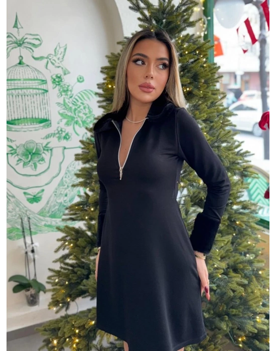 Kadın Uzun Kollu Yaka Ve Manşetleri Peluş Detay Fermuar Dekolteli Mini Elbise