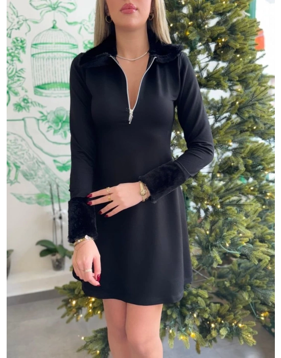 Kadın Uzun Kollu Yaka Ve Manşetleri Peluş Detay Fermuar Dekolteli Mini Elbise