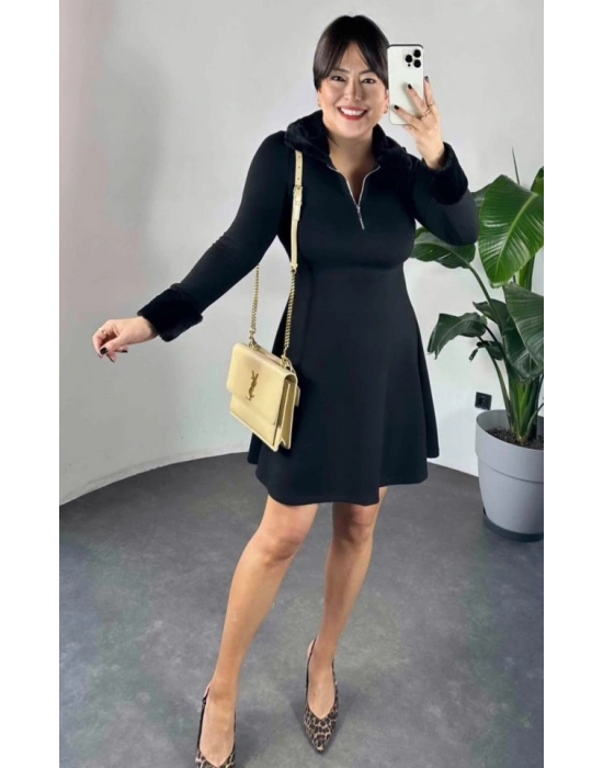 Kadın Uzun Kollu Yaka Ve Manşetleri Peluş Detay Fermuar Dekolteli Mini Elbise