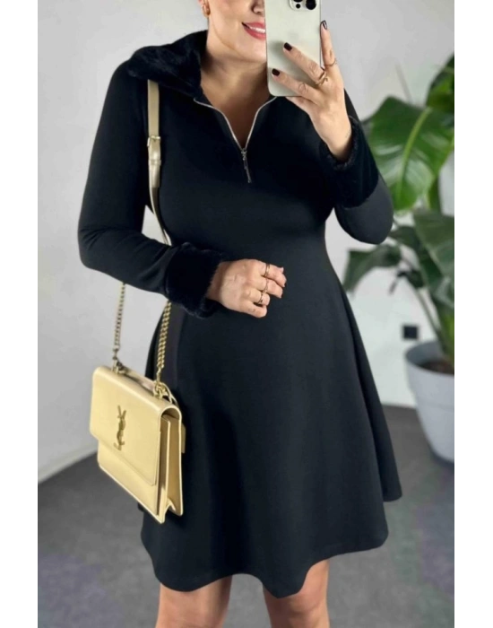 Kadın Uzun Kollu Yaka Ve Manşetleri Peluş Detay Fermuar Dekolteli Mini Elbise