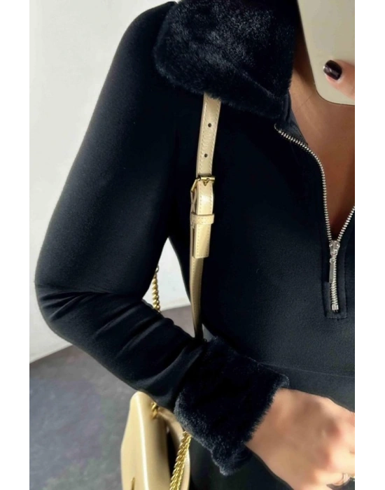 Kadın Uzun Kollu Yaka Ve Manşetleri Peluş Detay Fermuar Dekolteli Mini Elbise