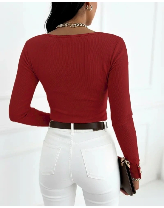 Kadın Uzun Kollu Yakadan Açık Ve Düğme Detaylı Kaşkorse Bluz